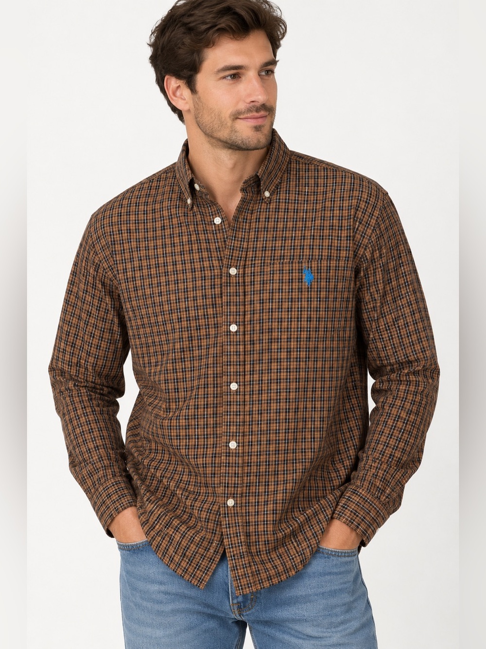 U.S. Polo Assn. Men’s Brown Plaid Button Down Shirt Long Sleeve Size LT Large Ta